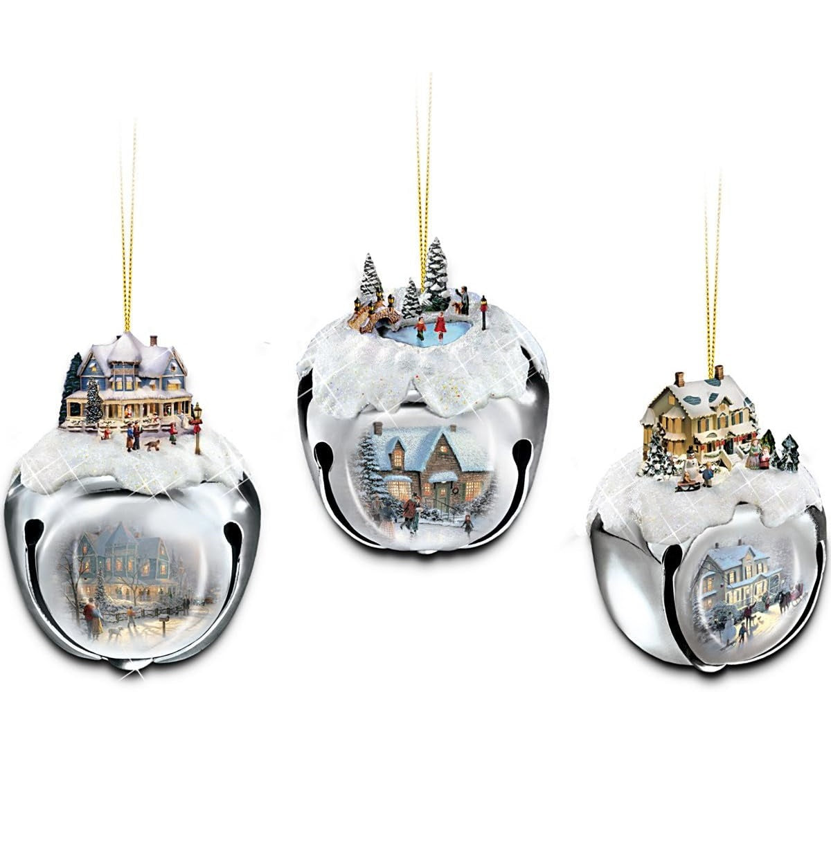 3-Piece Thomas Kinkade Sleigh Bell Christmas Ornament Set