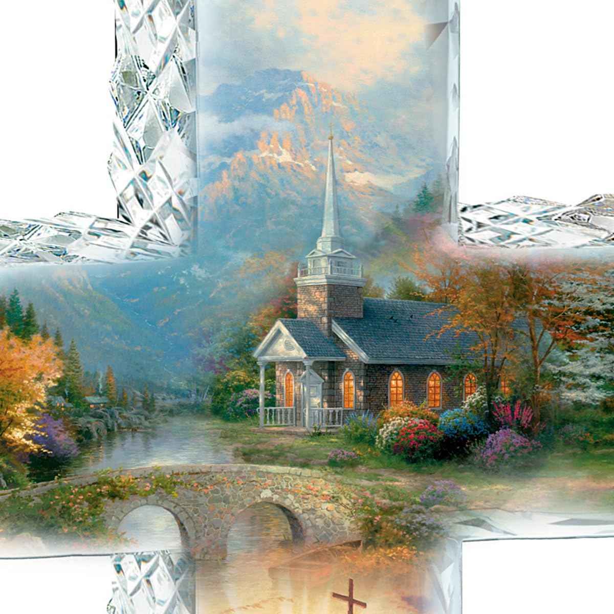 The Bradford Exchange Thomas Kinkade Faceted Crystalline Cross with Chapel Art and Uplifting Message