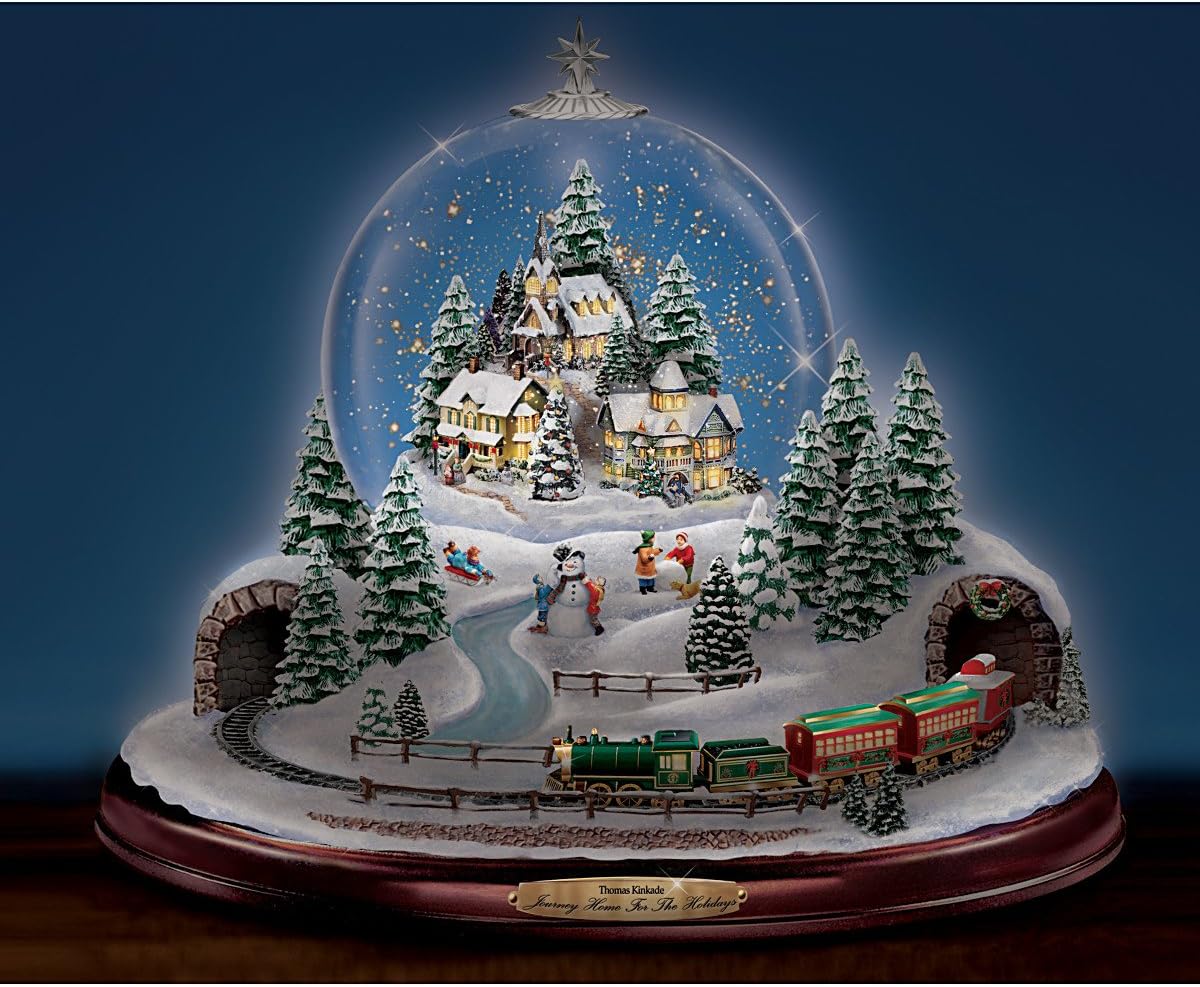 Thomas Kinkade Journey Home for The Holidays Christmas Snow Globe Decoration with Musical Illuminated Village Miniature Moving Train