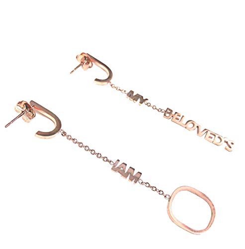 Belovedone® rose gold plated stainless steel earrings, long tassel eardrop, asymmetrical dangle earrings "I am my Beloved's", Song of Songs Jewelry line, fashion word calligraphy earrings, bible verse earrings