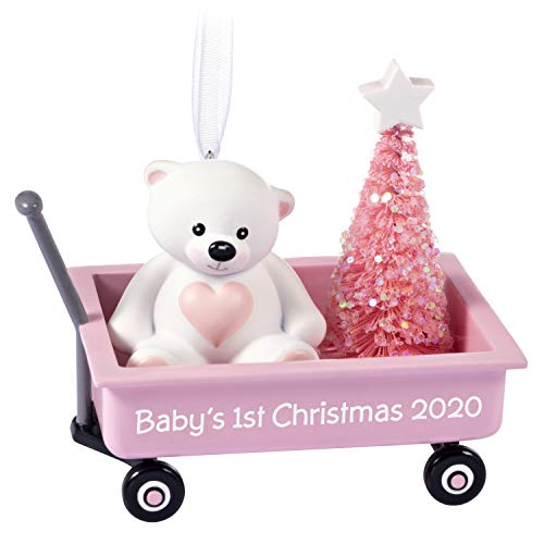 Hallmark Keepsake Ornament 2020 Year-Dated, Baby Girl's First Christmas Teddy Bear in Pink Wagon