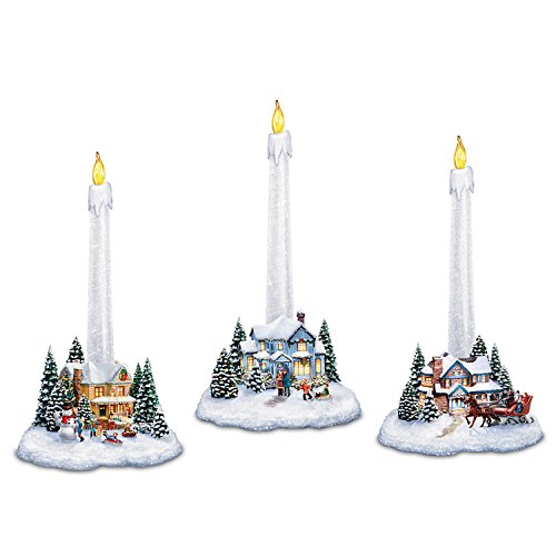 The Bradford Exchange Thomas Kinkade Holiday Lights, Spirits Bright Village Candleholders with Flameless Candles