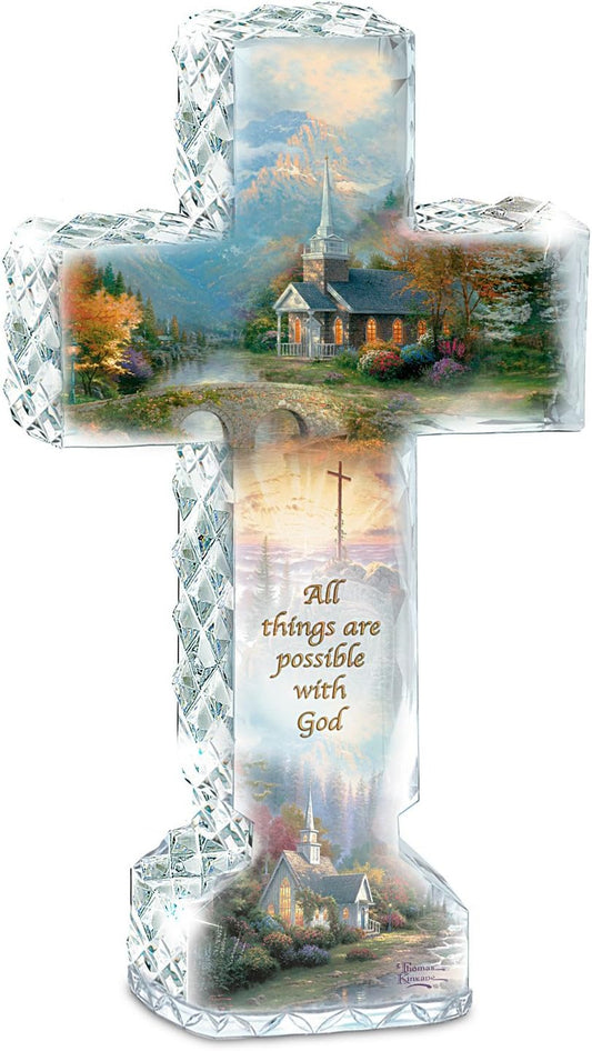 The Bradford Exchange Thomas Kinkade Faceted Crystalline Cross with Chapel Art and Uplifting Message