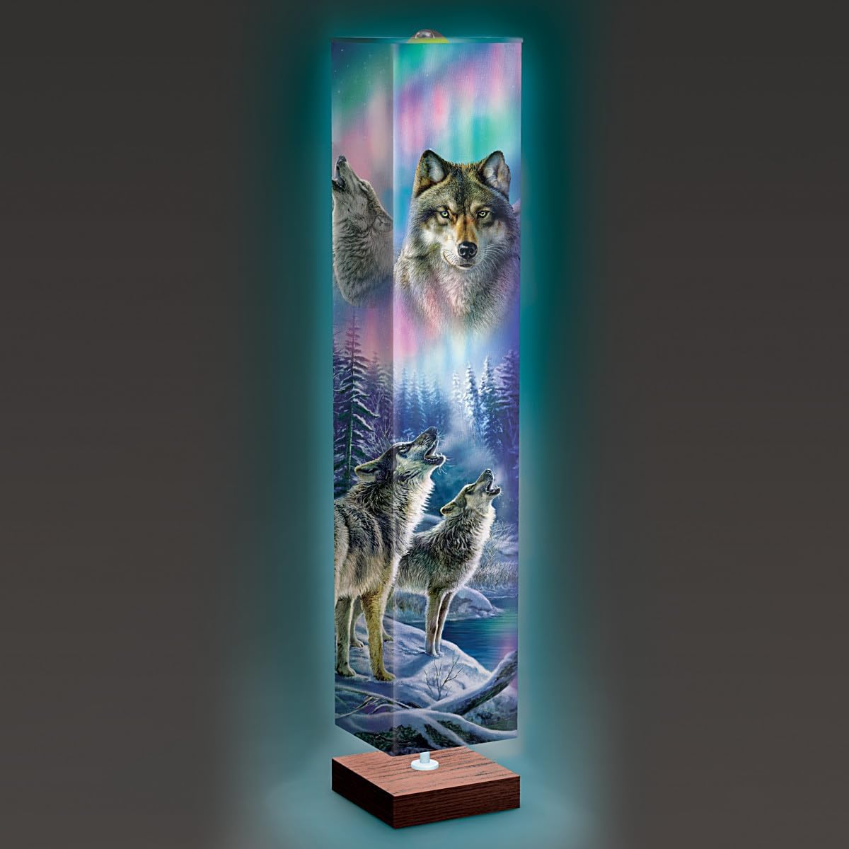 The Bradford Exchange Aurora Borealis Floor Lamp Featuring Vibrant Wolf Art by Artist James Meger