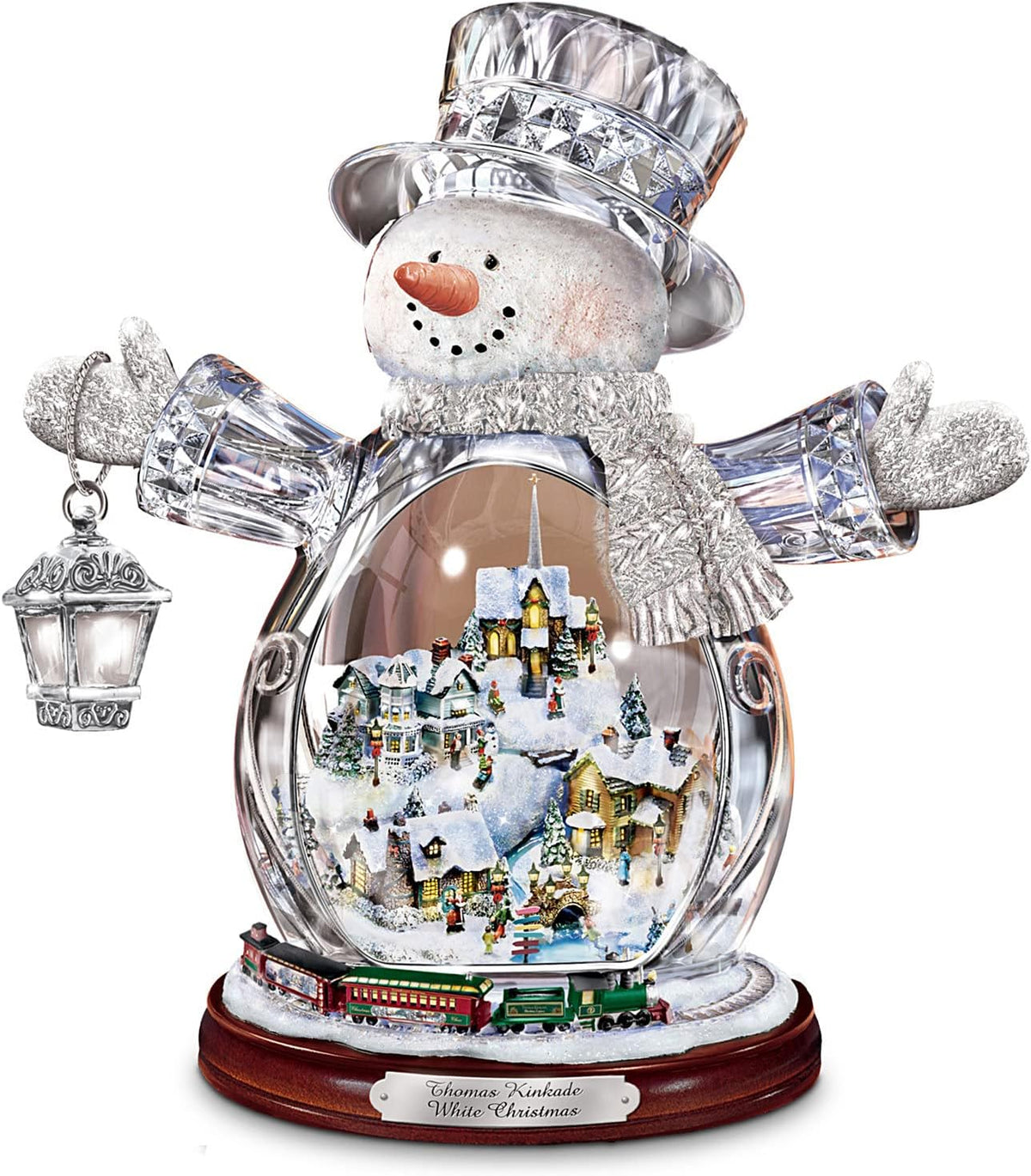Thomas Kinkade White Christmas Crystal Snowman, Handcrafted Figurine with Lighted Village and Moving Train, Bradford Exchange Collectible
