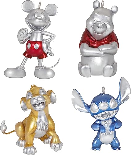 Hallmark Keepsake Christmas Ornaments 2023, Disney 100 Years of Wonder, Platinum Set of 4, Mickey Mouse, Winnie The Pooh, Lion King Simba, and Stitch, Gifts for Disney Fans