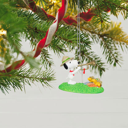 Hallmark 2024 The Peanuts® Gang Beagle Scouts 50th Anniversary Rise and Shine! Ornament and Pin, Set of 2