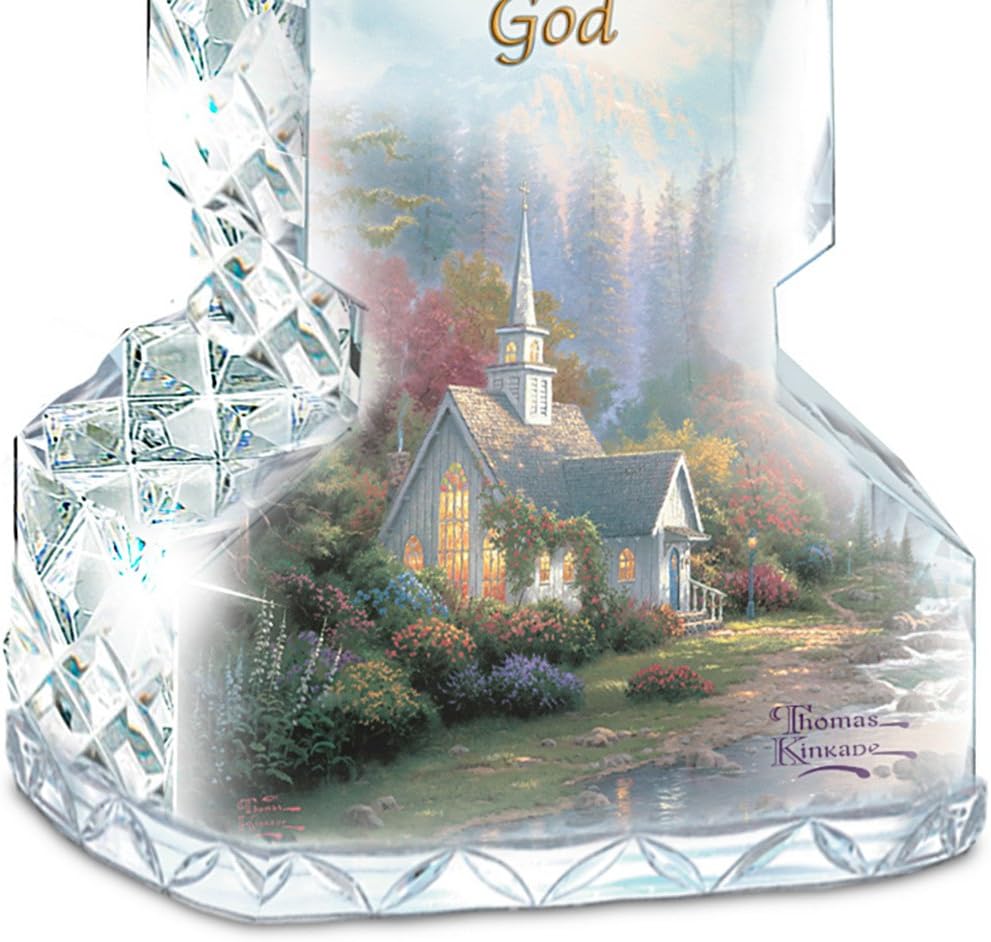 The Bradford Exchange Thomas Kinkade Faceted Crystalline Cross with Chapel Art and Uplifting Message - BCGiftMall