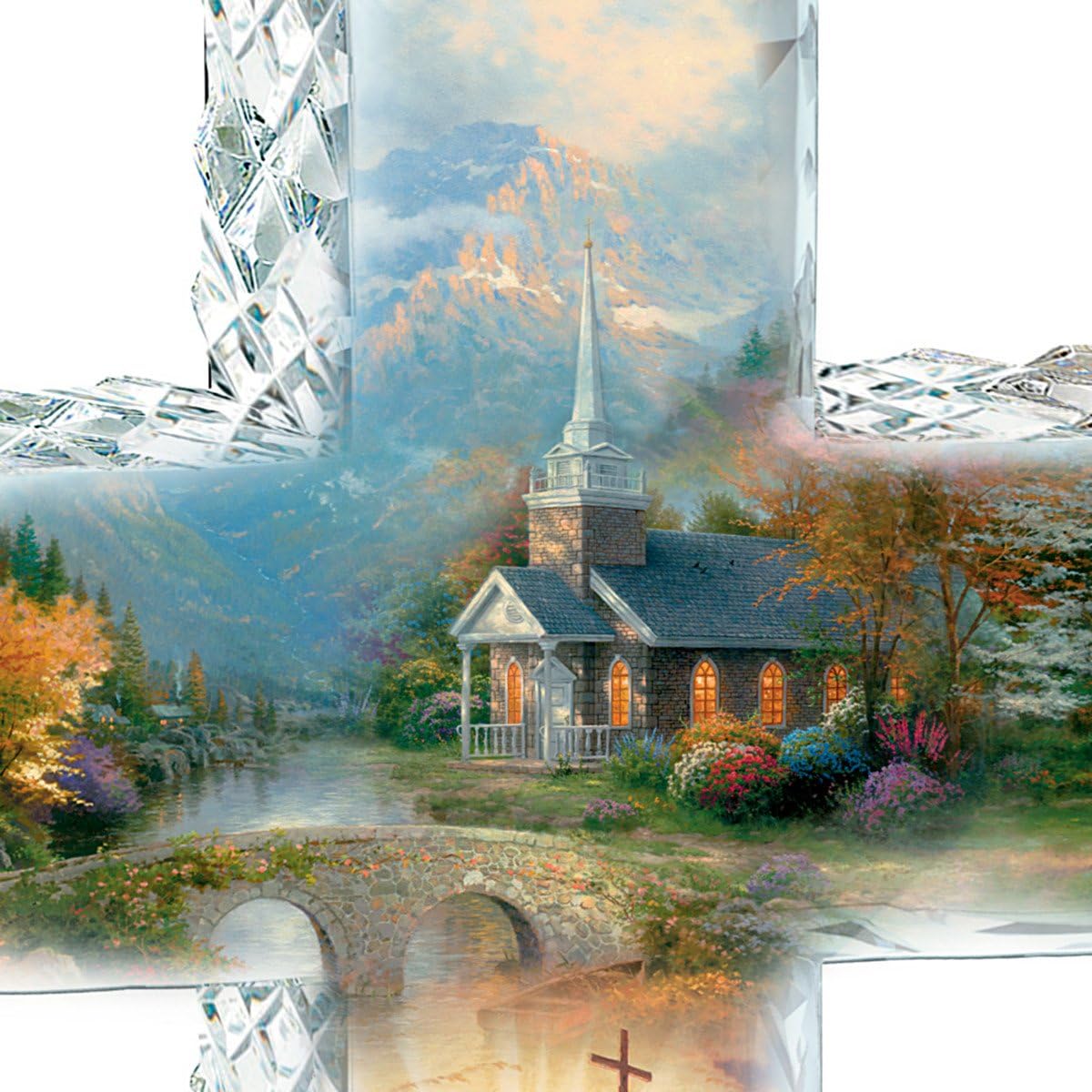 The Bradford Exchange Thomas Kinkade Faceted Crystalline Cross with Chapel Art and Uplifting Message - BCGiftMall