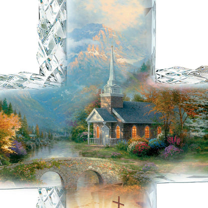 The Bradford Exchange Thomas Kinkade Faceted Crystalline Cross with Chapel Art and Uplifting Message - BCGiftMall