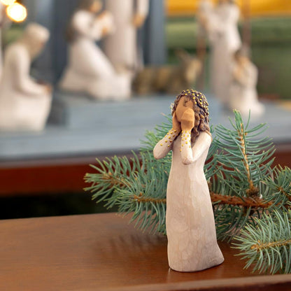 Willow Tree Littlest Christmas Angel, “in awe and Wonder…”, for Nativity Collection, with Gesture of awe, and Gold Halo in Hair, Sculpted Hand-Painted Figure