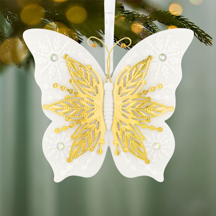 Hallmark Christmas Ornament 10th Anniversary Brilliant Butterflies Porcelain and Metal Ornament