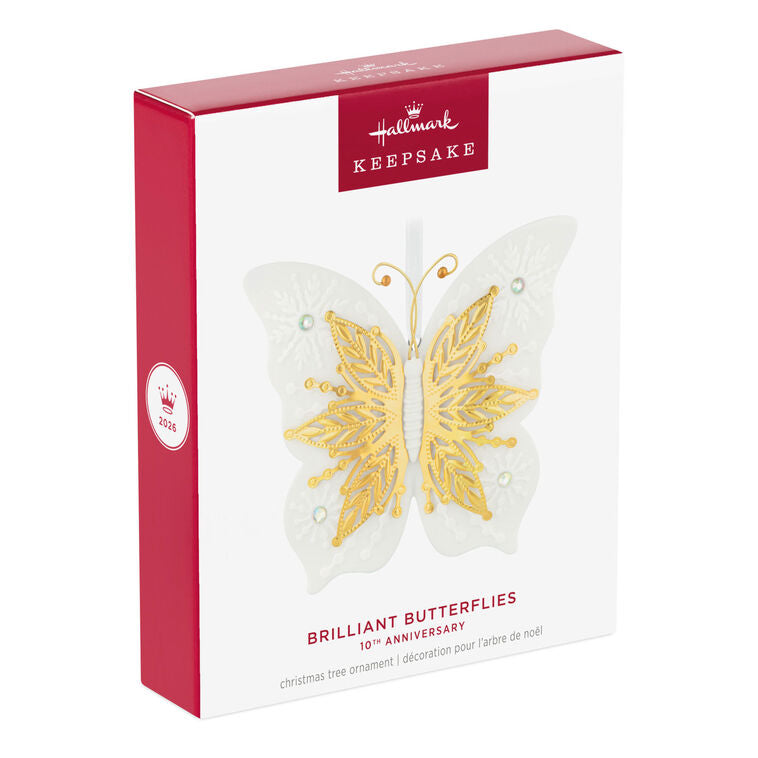 Hallmark Christmas Ornament 10th Anniversary Brilliant Butterflies Porcelain and Metal Ornament