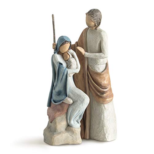 A hand-painted nativity set featuring figures of the Christmas story, including the figures of Joseph, Mary, and baby Jesus.