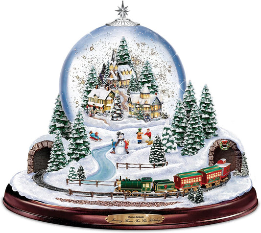 Thomas Kinkade Journey Home for The Holidays Christmas Snow Globe Decoration with Musical Illuminated Village Miniature Moving Train
