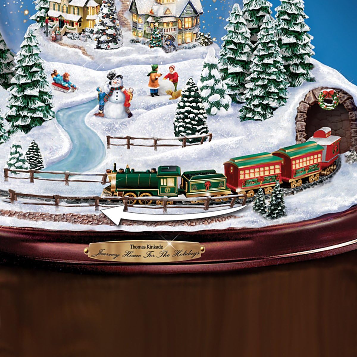 Thomas Kinkade Journey Home for The Holidays Christmas Snow Globe Decoration with Musical Illuminated Village Miniature Moving Train