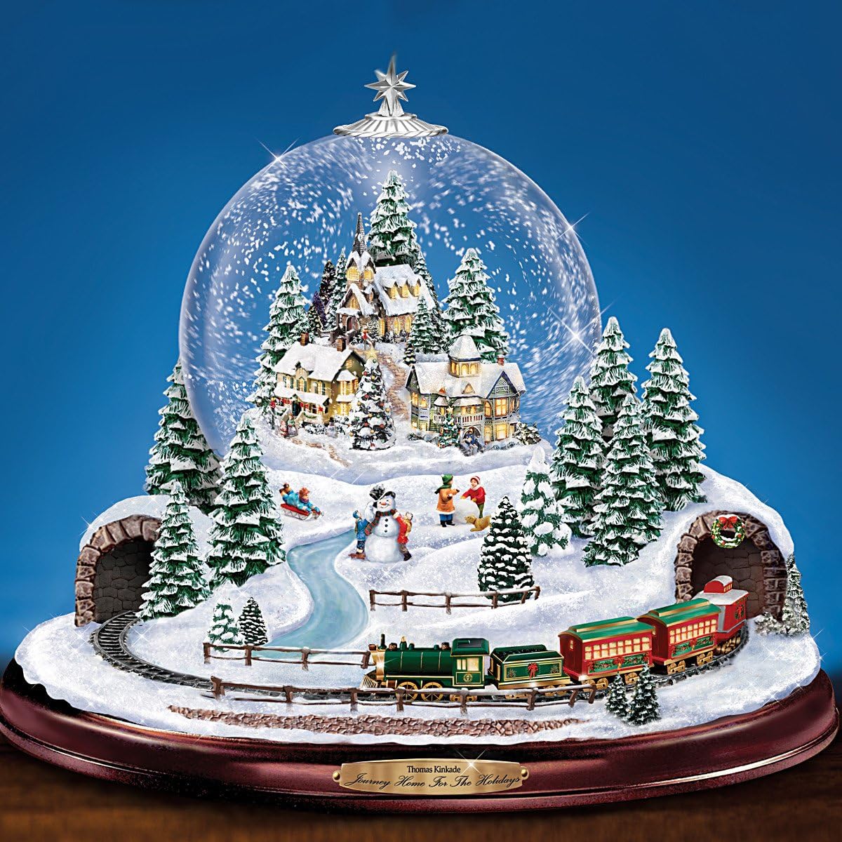 Thomas Kinkade Journey Home for The Holidays Christmas Snow Globe Decoration with Musical Illuminated Village Miniature Moving Train